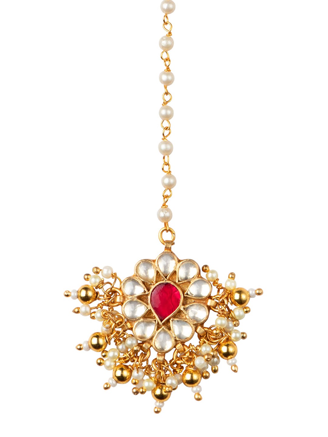 Women's 24K Gold-Plated White & Red Kundan-Studded Pearl Embellished Maang Tikka - Morkanth