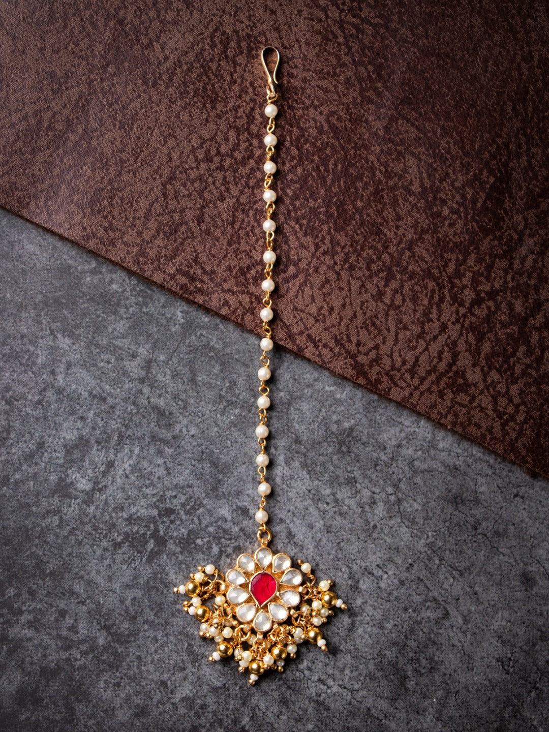 Women's 24K Gold-Plated White & Red Kundan-Studded Pearl Embellished Maang Tikka - Morkanth