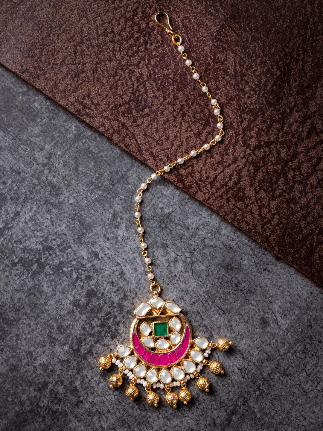 Women's Gold-Plated Pink & White Kundan Studded Handcrafted Maangtika - Morkanth