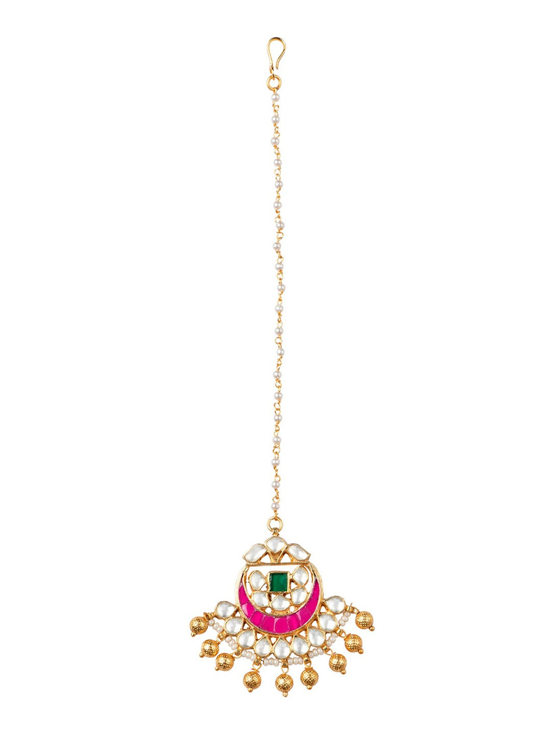 Women's Gold-Plated Pink & White Kundan Studded Handcrafted Maangtika - Morkanth