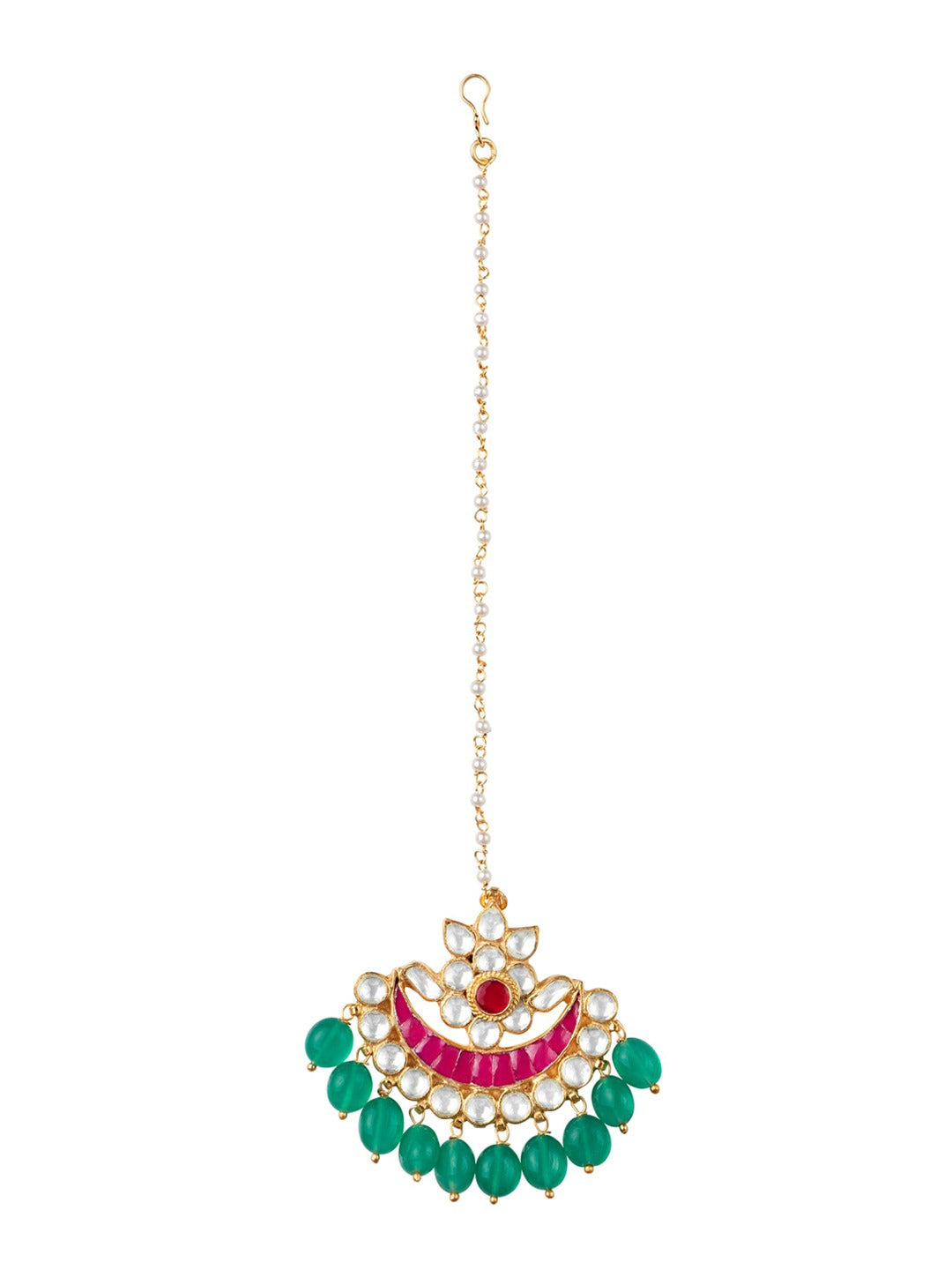 Women's Gold-Plated White & Pink Kundan-Studded Handcrafted Maang Tikka - Morkanth