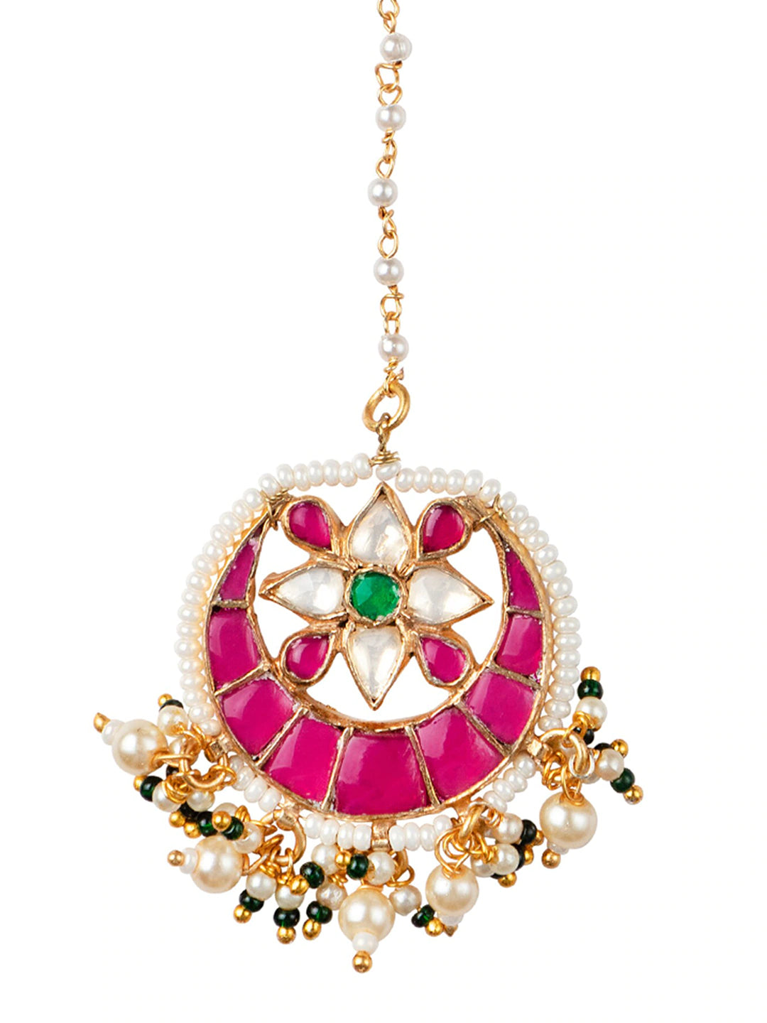 Women's 24K Gold-Plated Pink & White Kundan-Studded Pearl Embellished Handcrafted Maang Tikka - Morkanth
