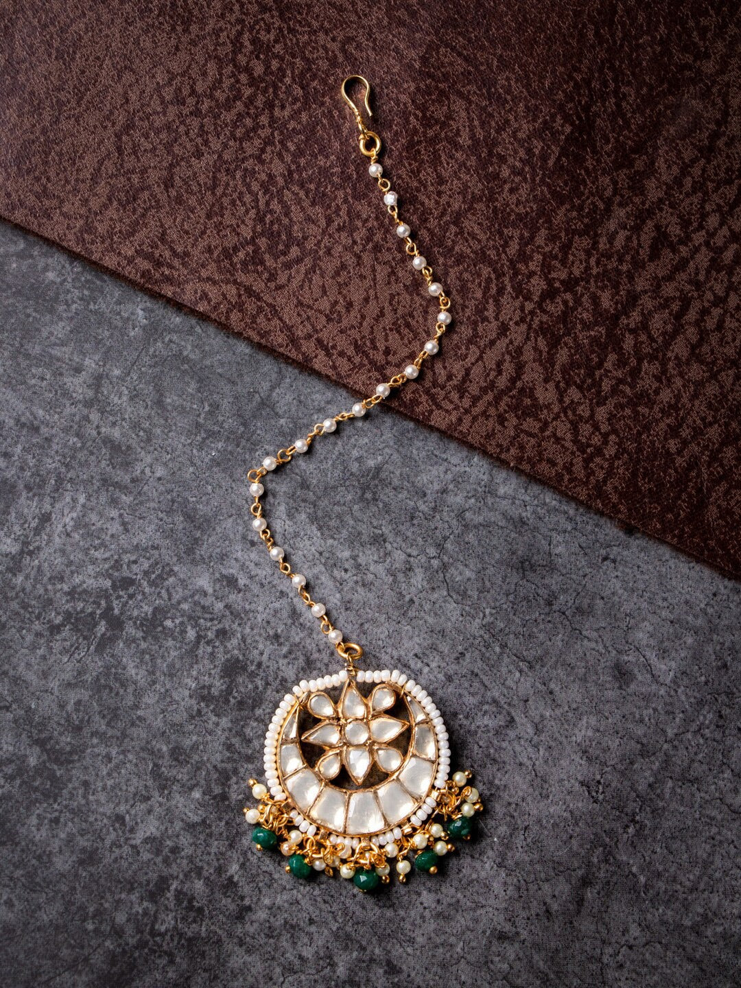 Women's 24K Gold-Plated White & Green Kundan Stone Studded & Beaded Handcrafted Maang Tikka - Morkanth