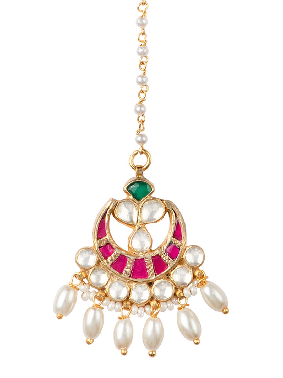 Women's 24K Gold-Plated White & Pink Kundan-Studded Pearl Embellished Handcrafted Maang Tikka - Morkanth