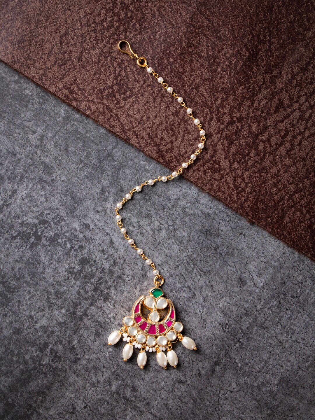 Women's 24K Gold-Plated White & Pink Kundan-Studded Pearl Embellished Handcrafted Maang Tikka - Morkanth