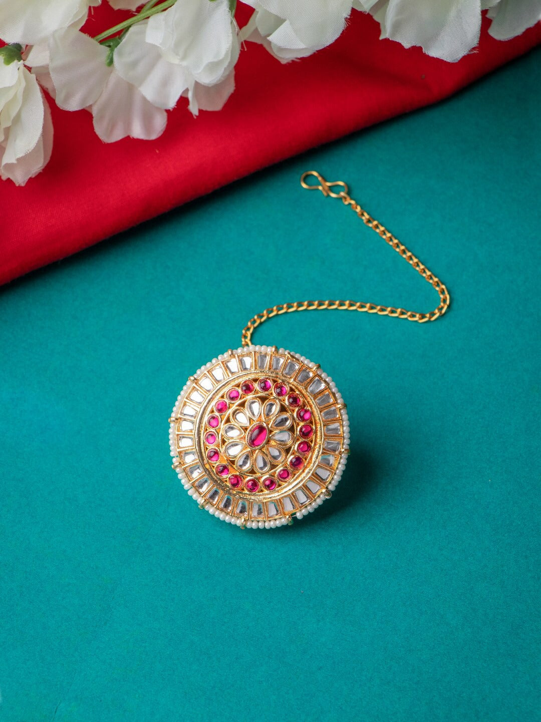 Women's Gold-Plated White & Pink Kundan-Studded & Pearl-Beaded Borla Maang Tika - Morkanth