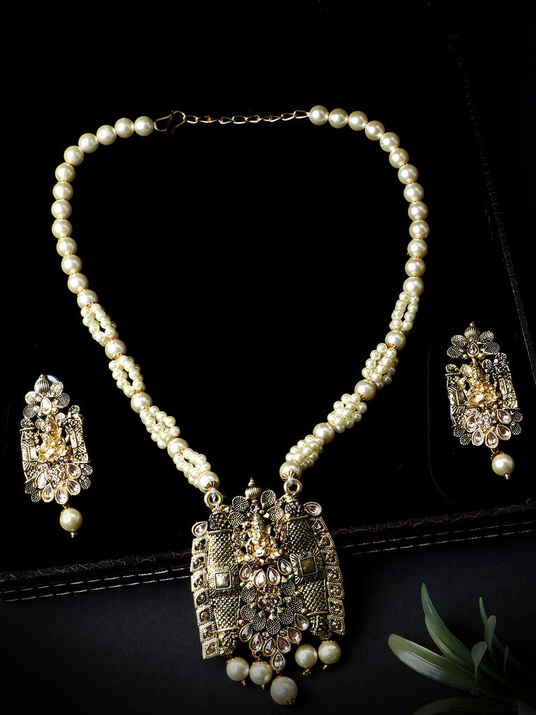 Women's Antique Matte Gold Finish Meenakari  Pearl Temple Jewellery