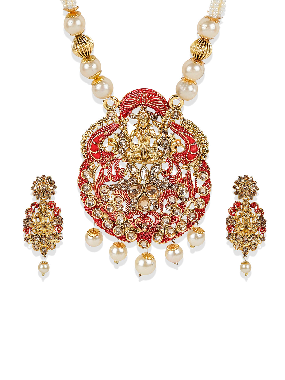 Women's Antique Matte Gold Finish Meenakari  Pearl Temple Jewellery - Anikas Creation
