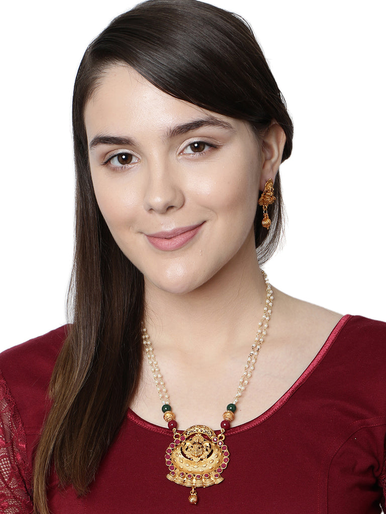 Women's Gold Plated Maa Laxmi Stone Studded Necklace With Earrrings