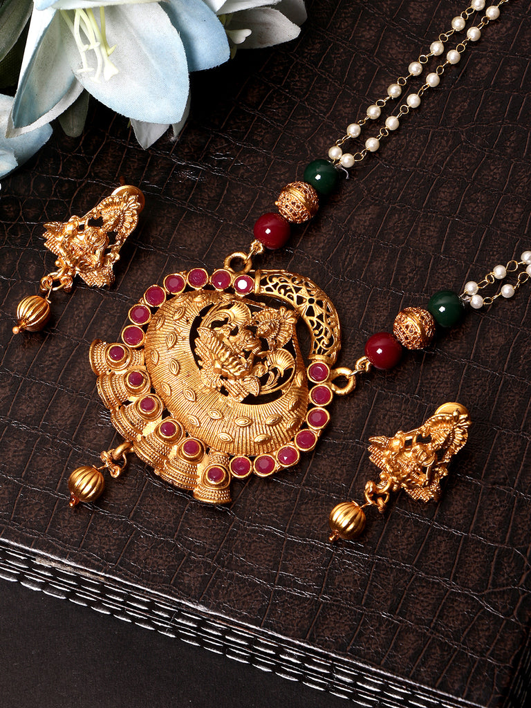 Women's Gold Plated Maa Laxmi Stone Studded Necklace With Earrrings