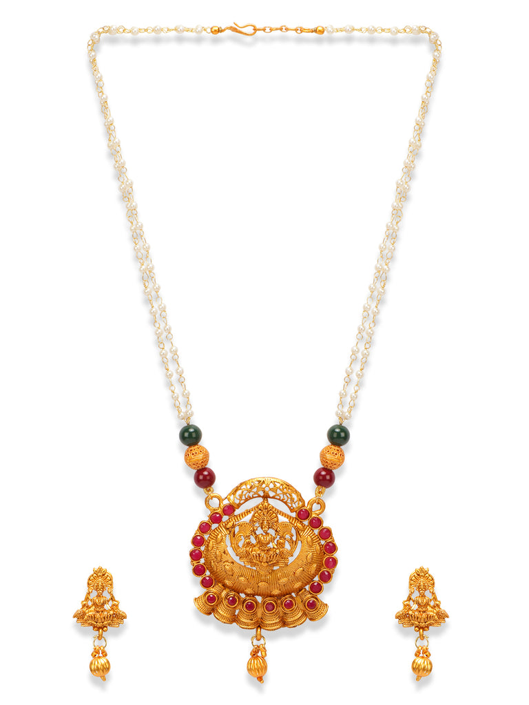 Women's Gold Plated Maa Laxmi Stone Studded Necklace With Earrrings