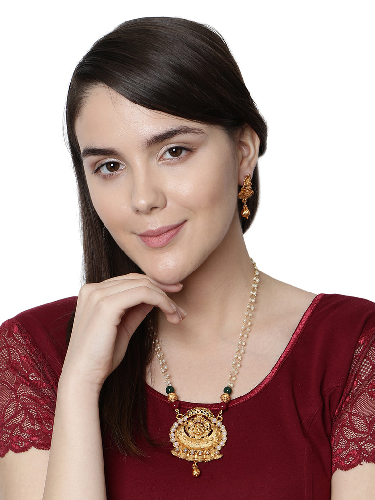 Women's Gold Plated Maa Laxmi Stone Studded Necklace With Earrrings