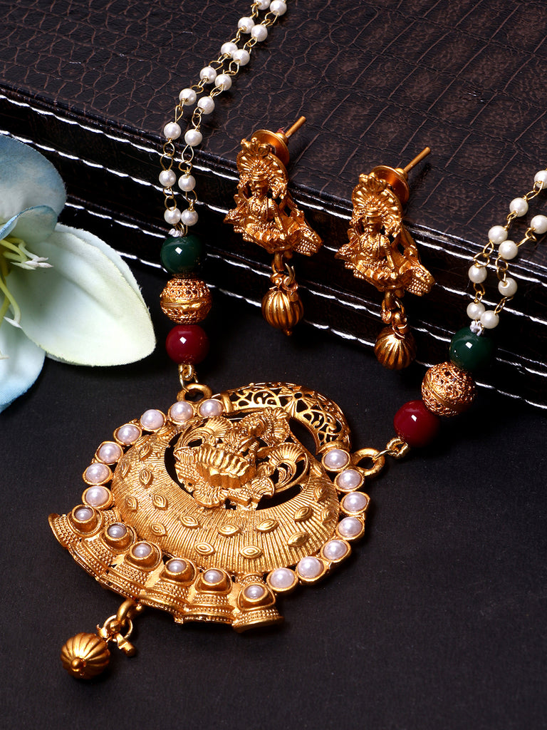 Women's Gold Plated Maa Laxmi Stone Studded Necklace With Earrrings