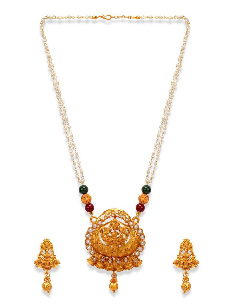 Women's Gold Plated Maa Laxmi Stone Studded Necklace With Earrrings