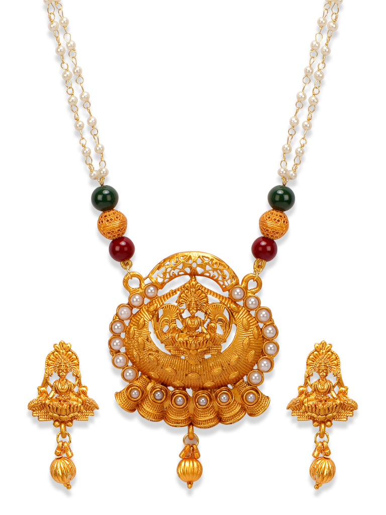 Women's Gold Plated Maa Laxmi Stone Studded Necklace With Earrrings