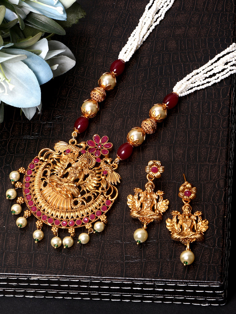 Women's Gold Plated Maa Laxmi Stone Studded Necklace With Earrrings