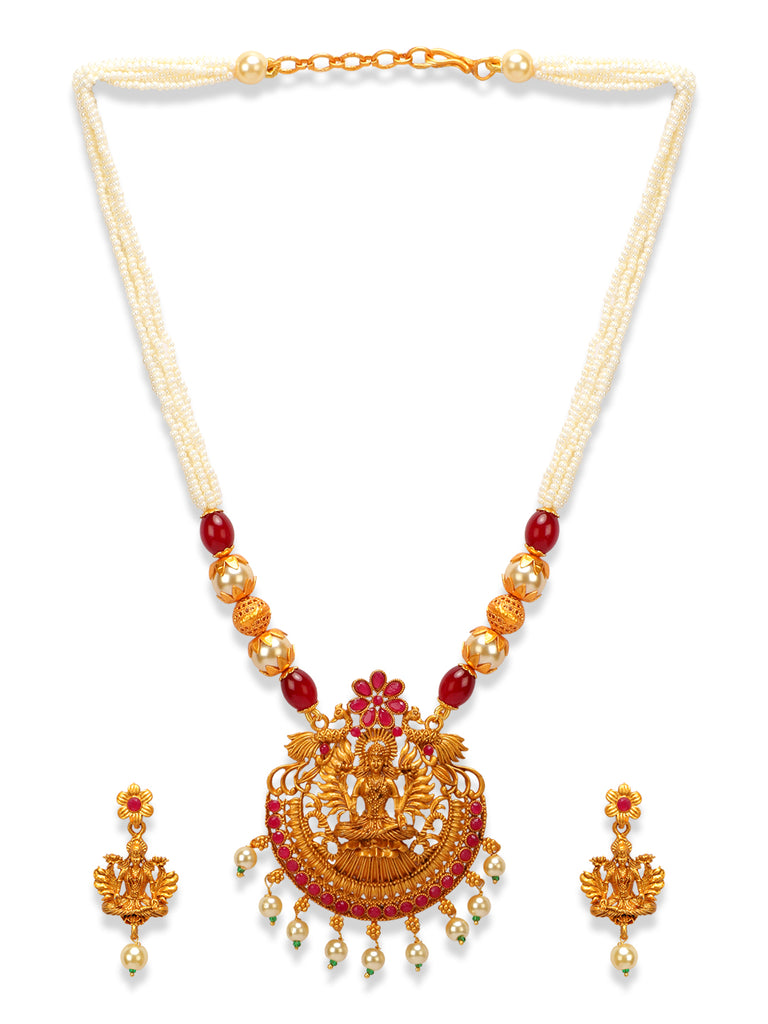 Women's Gold Plated Maa Laxmi Stone Studded Necklace With Earrrings