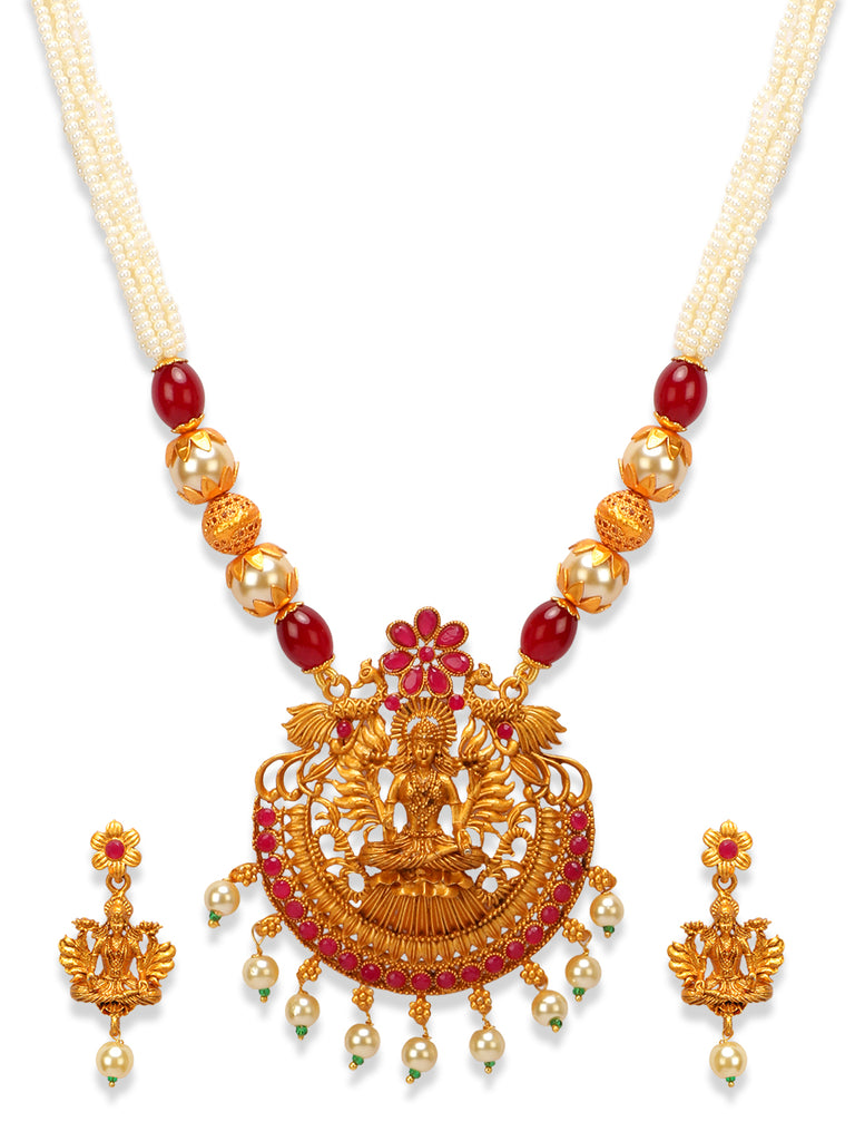 Women's Gold Plated Maa Laxmi Stone Studded Necklace With Earrrings
