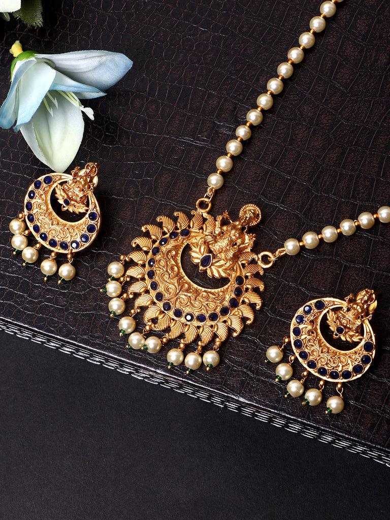 Women's Gold Plated Maa Laxmi Stone Studded Necklace With Earrrings