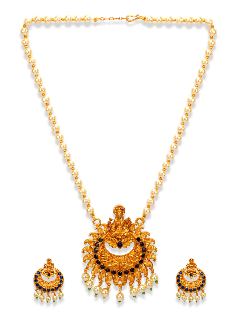 Women's Gold Plated Maa Laxmi Stone Studded Necklace With Earrrings