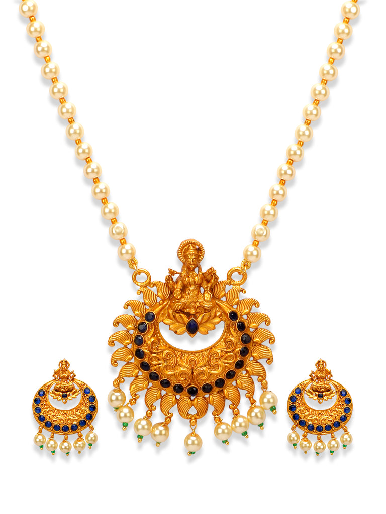 Women's Gold Plated Maa Laxmi Stone Studded Necklace With Earrrings