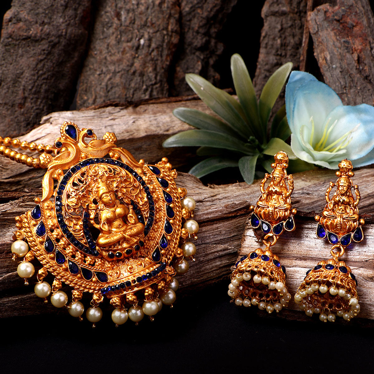 Women's Antique Matte Gold Finish Goddess Laxmi Blue Stone Studded Temple Jewellery set - Anikas Creation