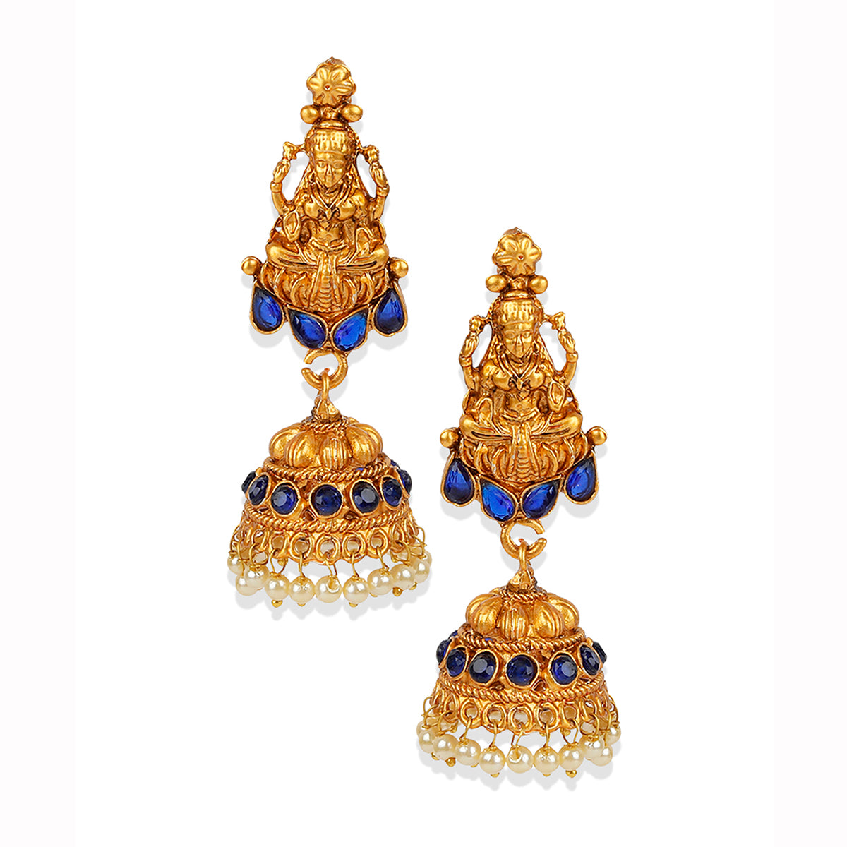 Women's Antique Matte Gold Finish Goddess Laxmi Blue Stone Studded Temple Jewellery set - Anikas Creation