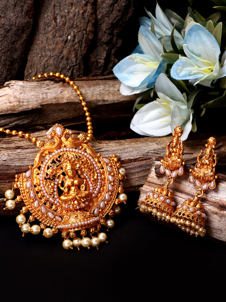 Women's Antique Matte Gold Finish Goddess Laxmi White Stone Studded Temple Jewellery set