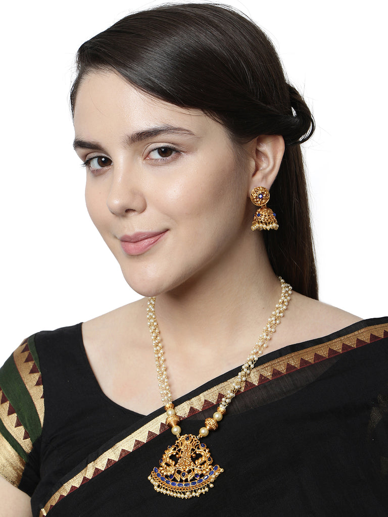 Women's Antique Matte Gold Finish Blue Stone Studded Temple Jewellery set