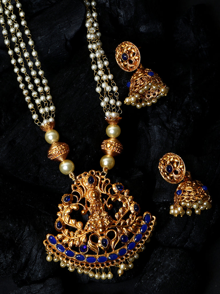 Women's Antique Matte Gold Finish Blue Stone Studded Temple Jewellery set