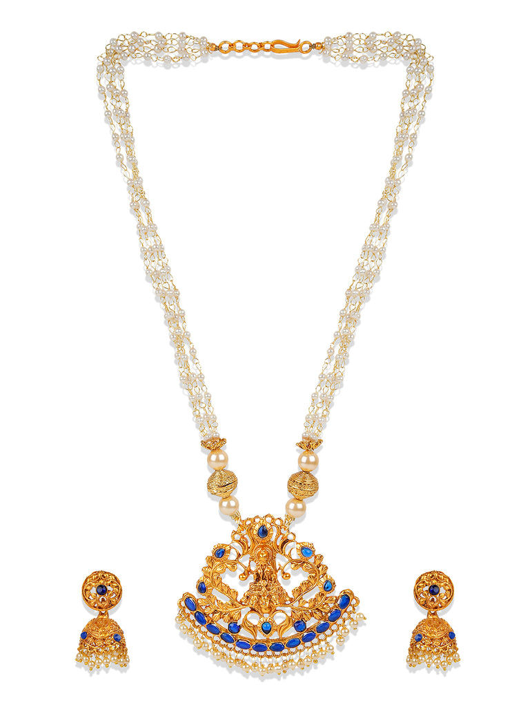 Women's Antique Matte Gold Finish Blue Stone Studded Temple Jewellery set