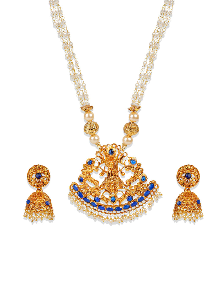 Women's Antique Matte Gold Finish Blue Stone Studded Temple Jewellery set