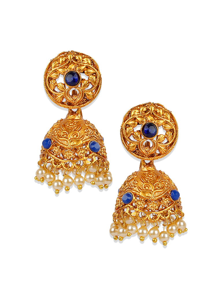 Women's Antique Matte Gold Finish Blue Stone Studded Temple Jewellery set