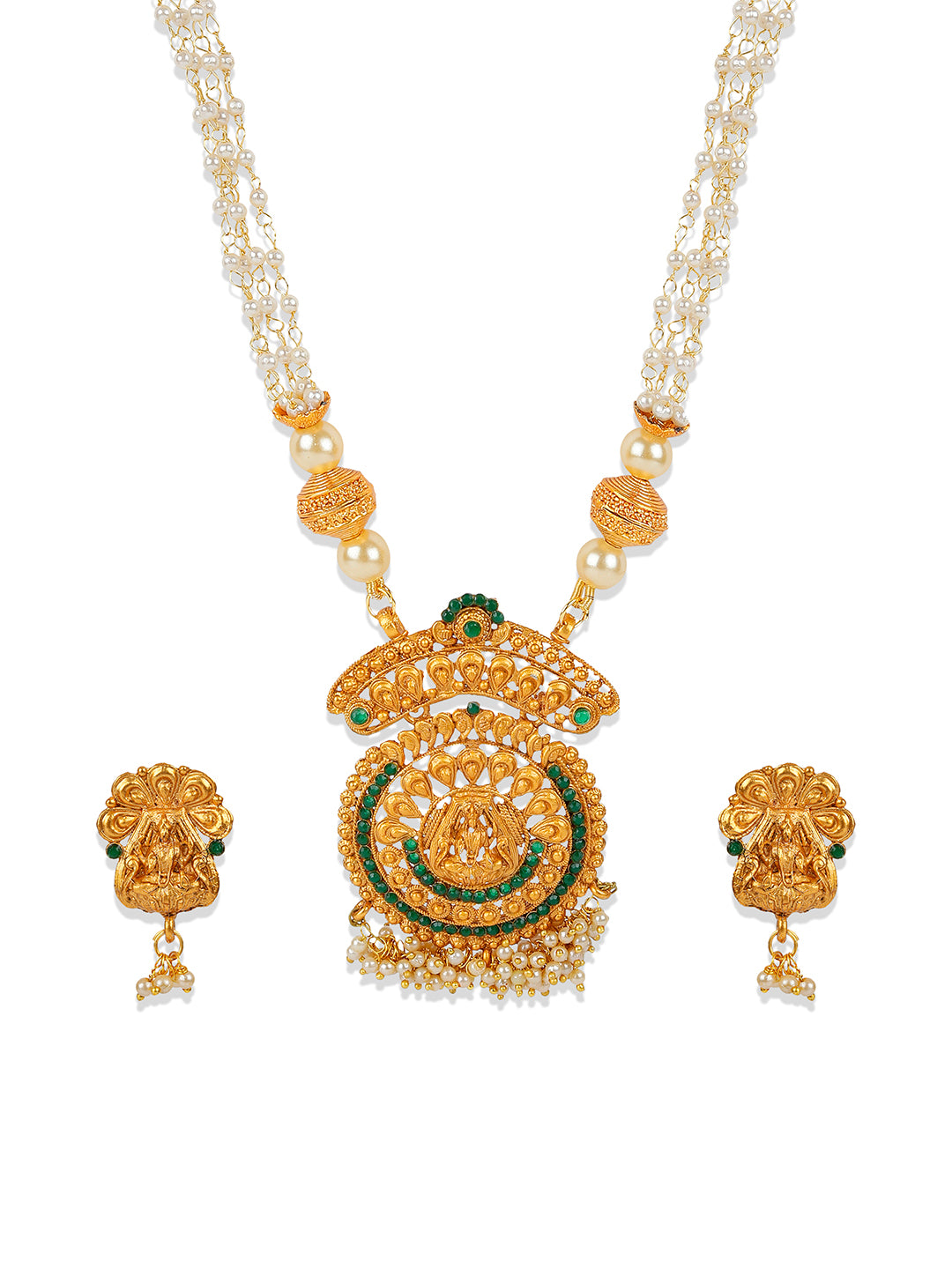 Women's Antique Matte Gold Finish Goddess Laxmi Green Stone Studded Temple Jewellery set - Anikas Creation