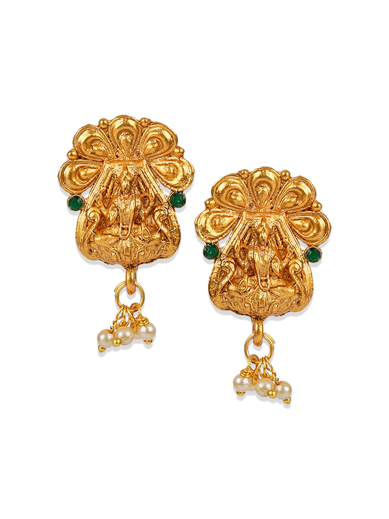 Women's Antique Matte Gold Finish Goddess Laxmi Green Stone Studded Temple Jewellery set