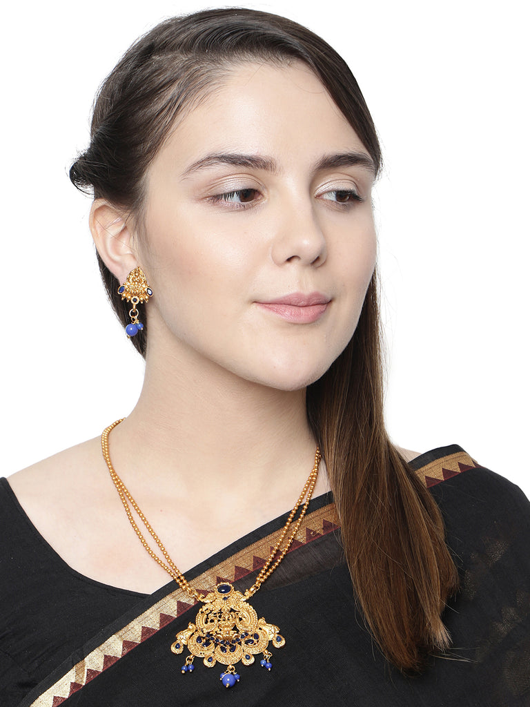 Women's Antique Matte Gold Finish Blue Stone Studded Temple Jewellery set