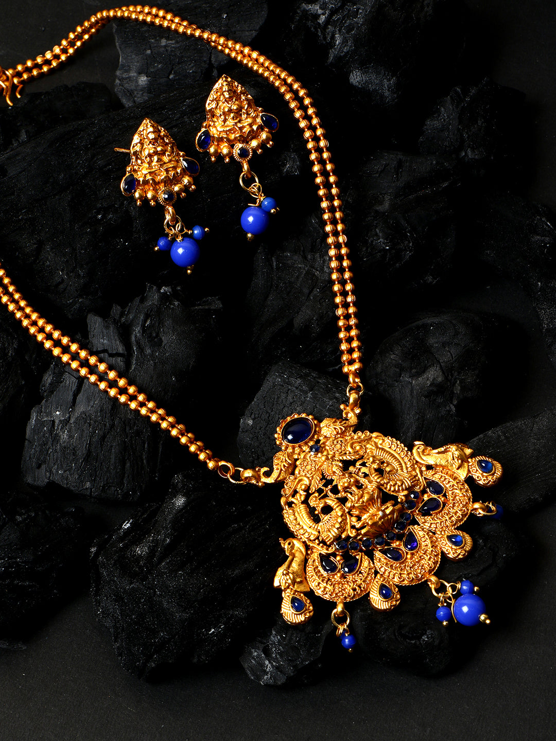 Women's Antique Matte Gold Finish Blue Stone Studded Temple Jewellery set - Anikas Creation