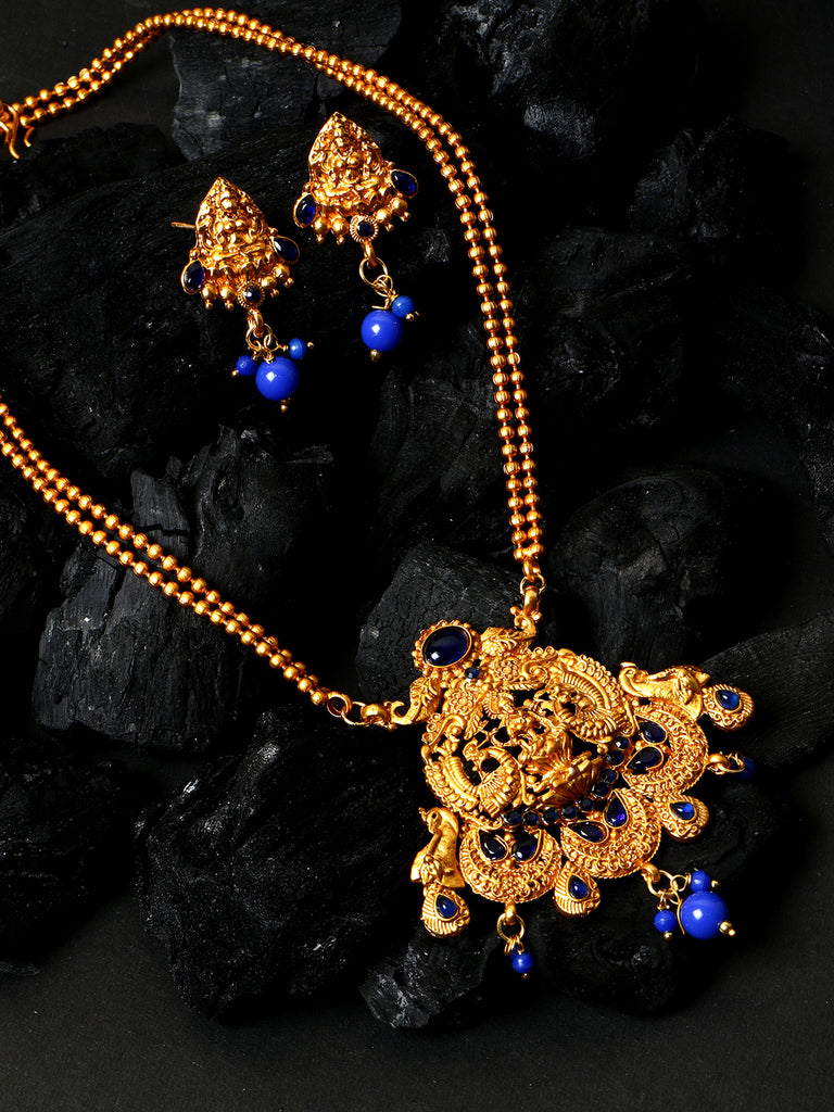Women's Antique Matte Gold Finish Blue Stone Studded Temple Jewellery set