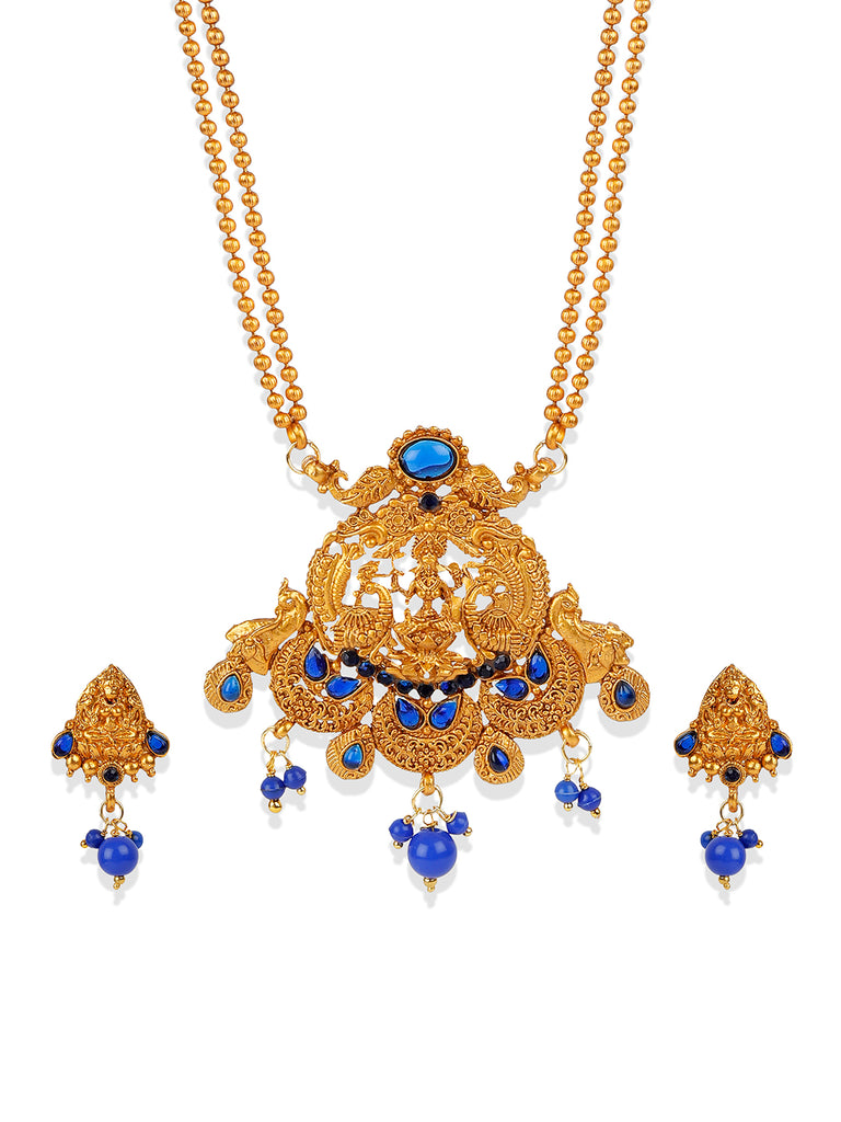 Women's Antique Matte Gold Finish Blue Stone Studded Temple Jewellery set