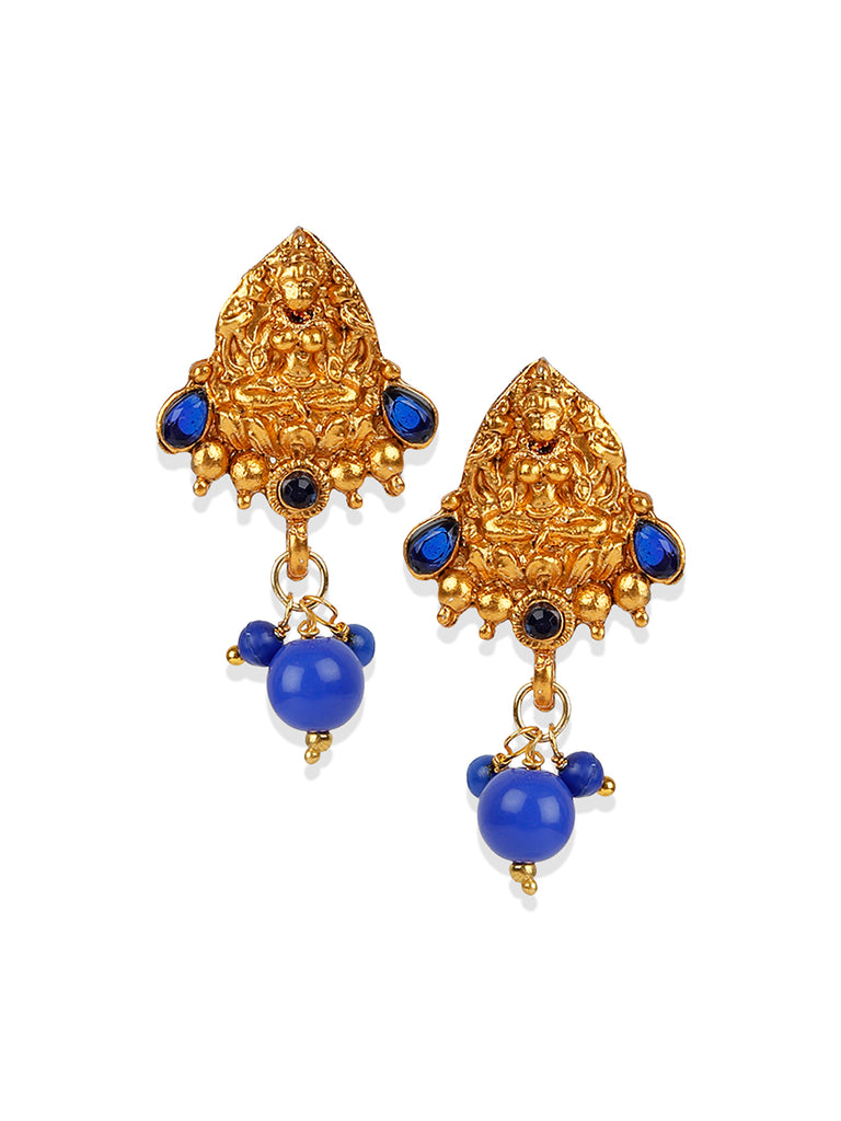 Women's Antique Matte Gold Finish Blue Stone Studded Temple Jewellery set