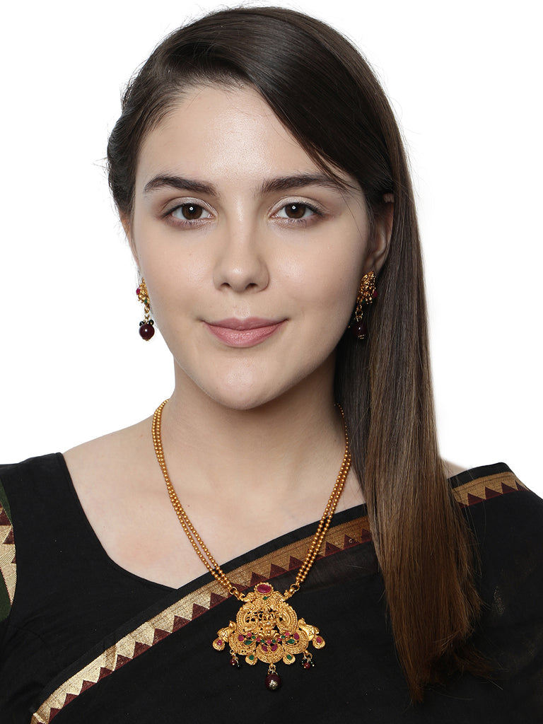 Women's Antique Matte Gold Finish Green Stone Studded Temple Jewellery set