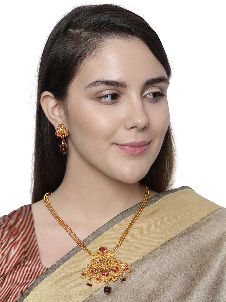 Women's Antique Matte Gold Finish Maroon Stone Studded Temple Jewellery set