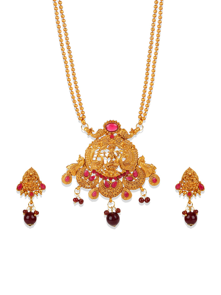 Women's Antique Matte Gold Finish Maroon Stone Studded Temple Jewellery set