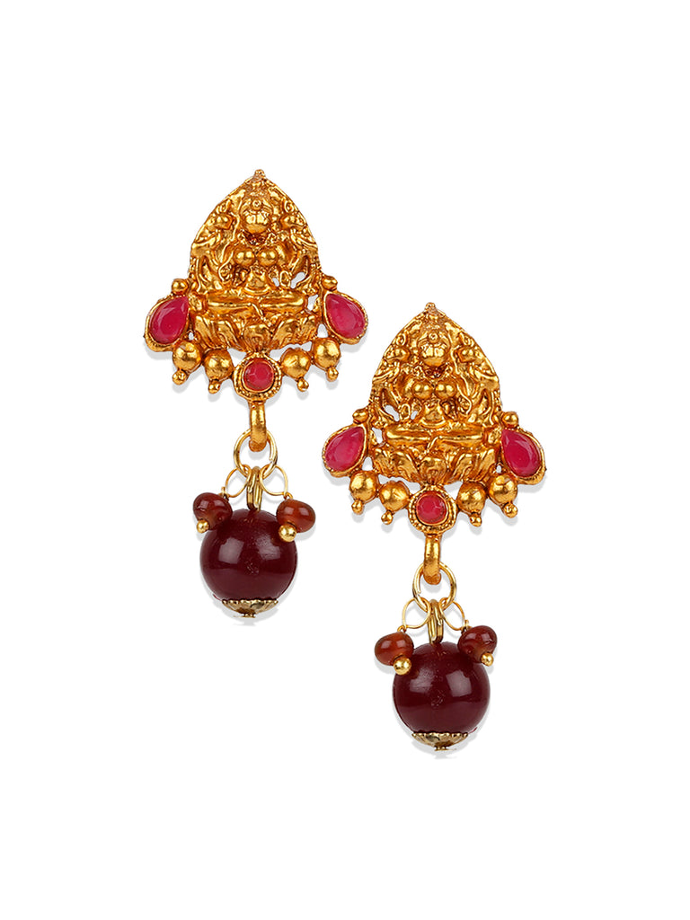 Women's Antique Matte Gold Finish Maroon Stone Studded Temple Jewellery set