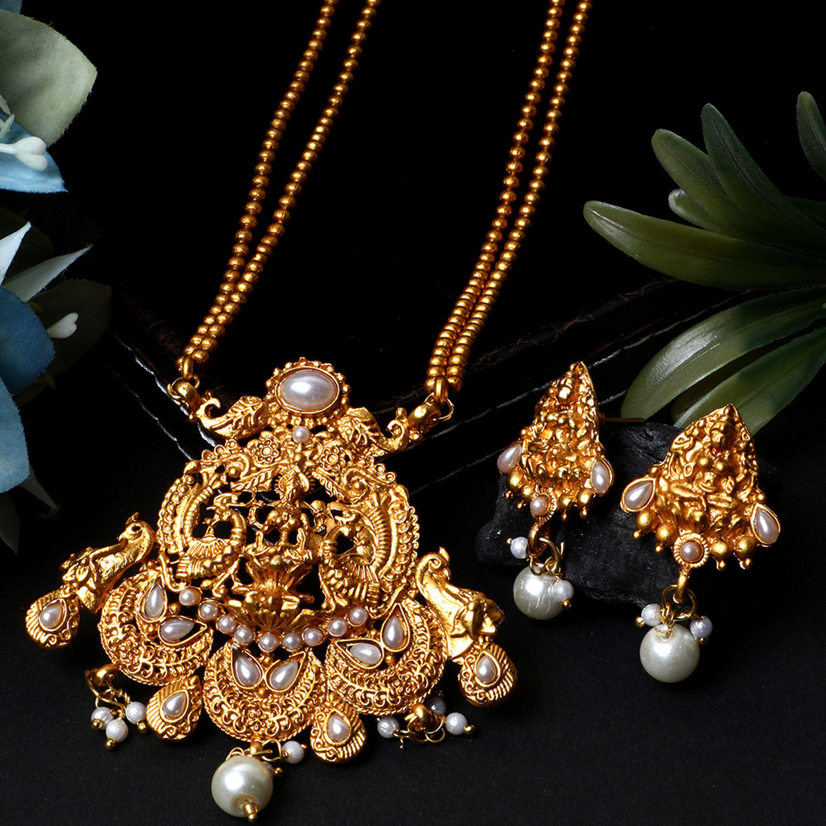 Women's Antique Matte Gold Finish White Stone Studded Temple Jewellery set - Anikas Creation