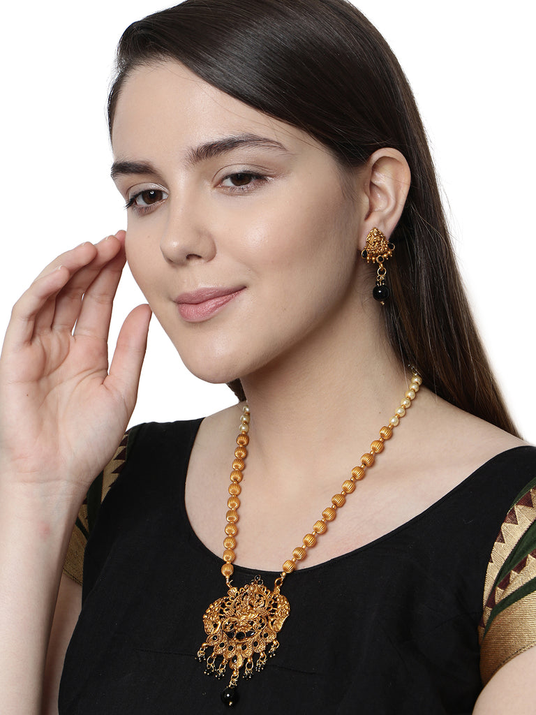 Women's Antique Matte Gold Finish Black Stone Studded Temple Jewellery set