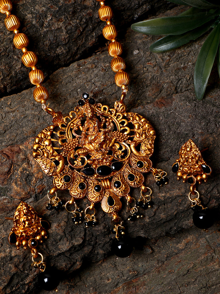 Women's Antique Matte Gold Finish Black Stone Studded Temple Jewellery set