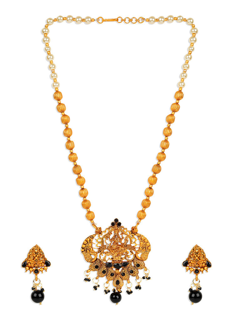 Women's Antique Matte Gold Finish Black Stone Studded Temple Jewellery set