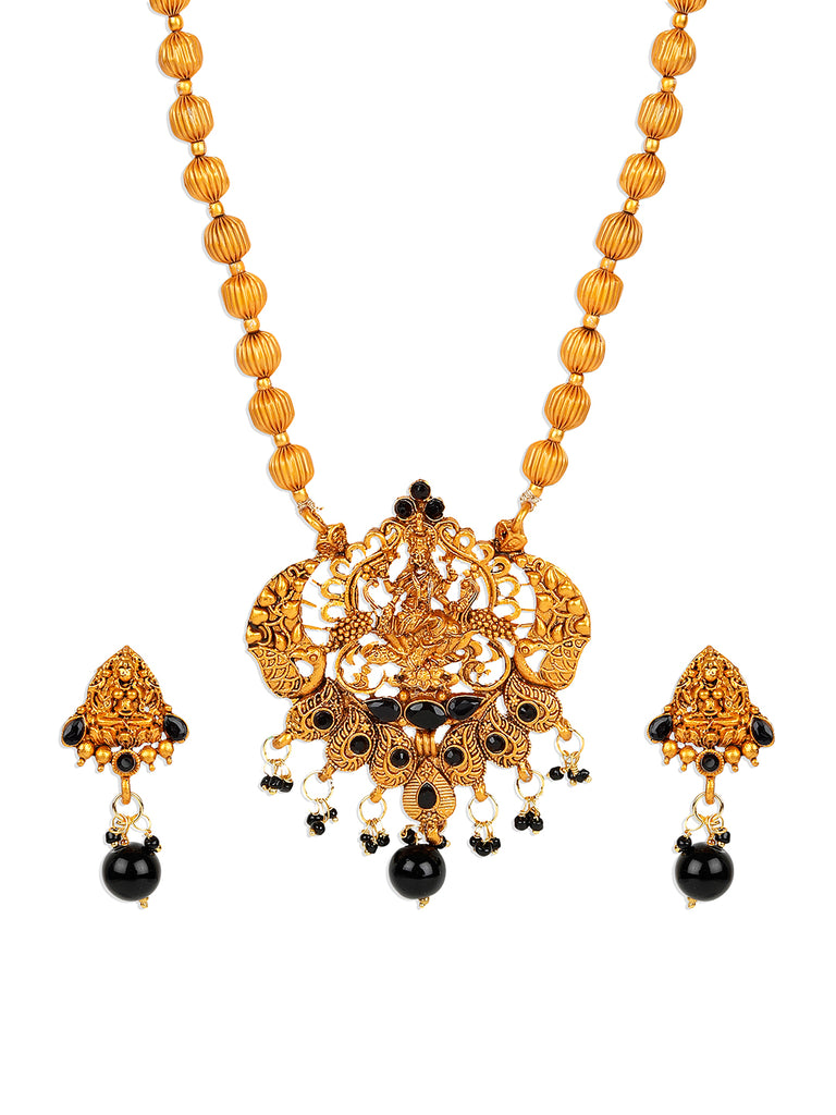 Women's Antique Matte Gold Finish Black Stone Studded Temple Jewellery set