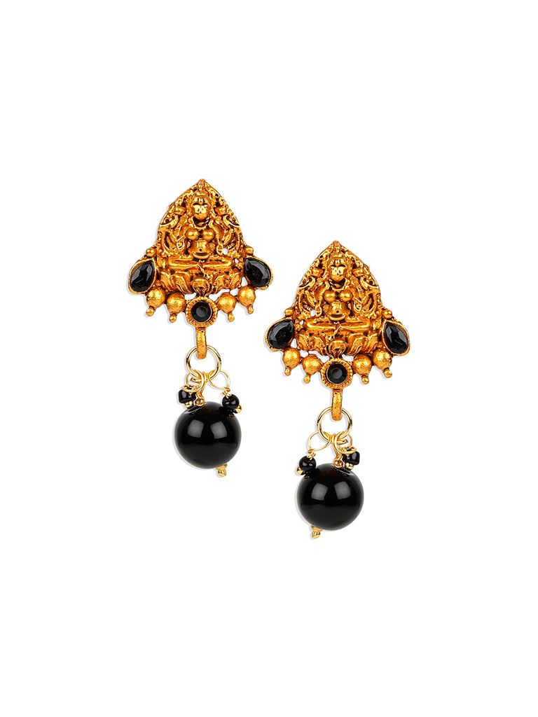 Women's Antique Matte Gold Finish Black Stone Studded Temple Jewellery set